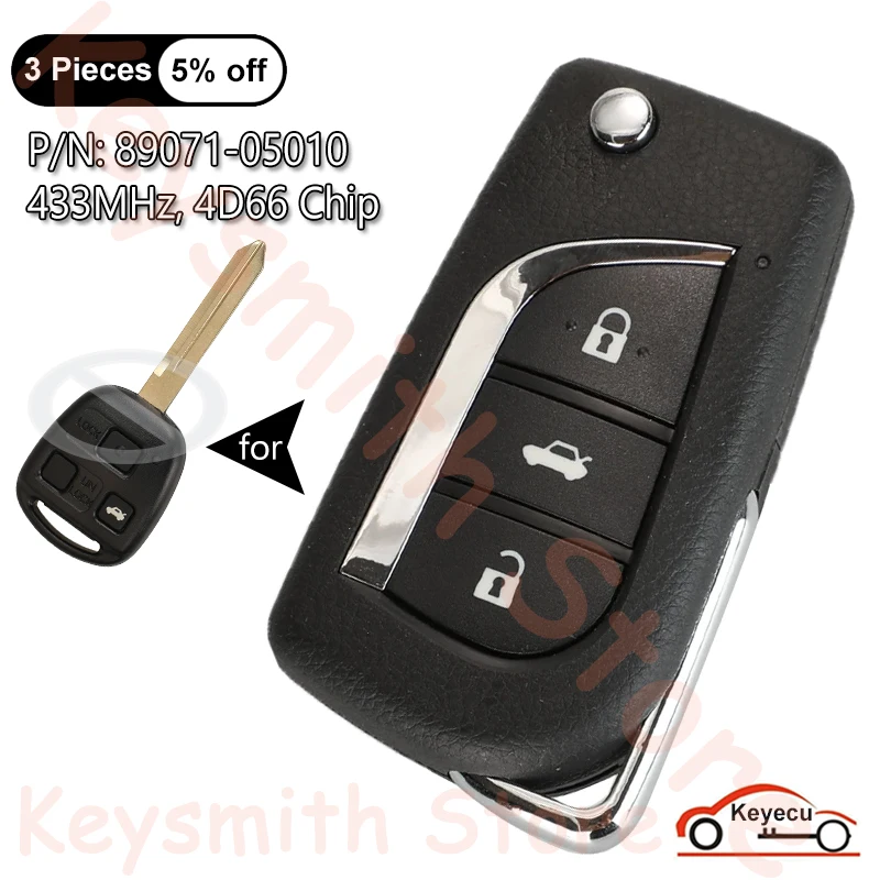 

KEYECU 3 Buttons 433MHz 4D66 Chip for Toyota Yaris Avensis Corolla Carina ETC Auto Upgraded Flip Remote Key Fob P/N: 89071-05010