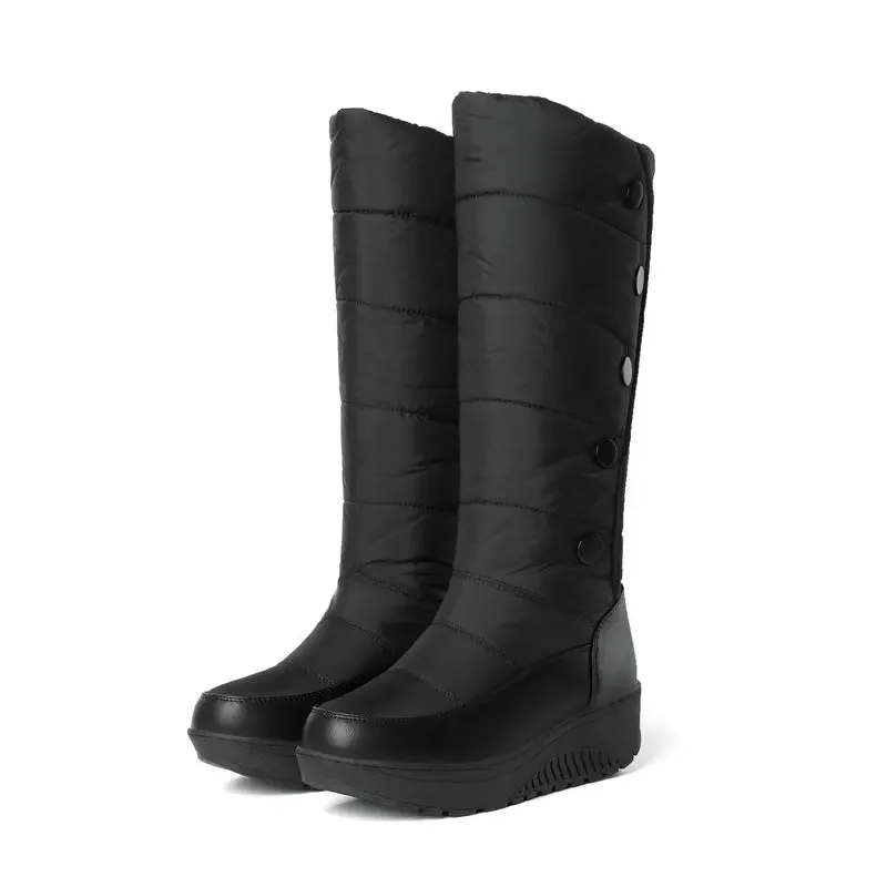 New Forst Winter Snow Boots Women Mid Calf Warm Plush Wedges Shoes Waterproof Down Patchwork PU Buttons Platform Boots