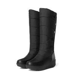 New Forst Winter Snow Boots Women Mid Calf Warm Plush Wedges Shoes Waterproof Down Patchwork PU Buttons Platform Boots