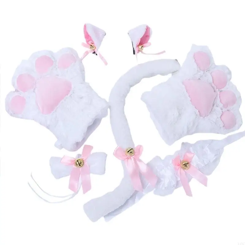 X4YC COSPLAY VOOR SET PLUSHTAIL EAREN HAARBAND GLOVES BOWKNOT ANIME Maid Props