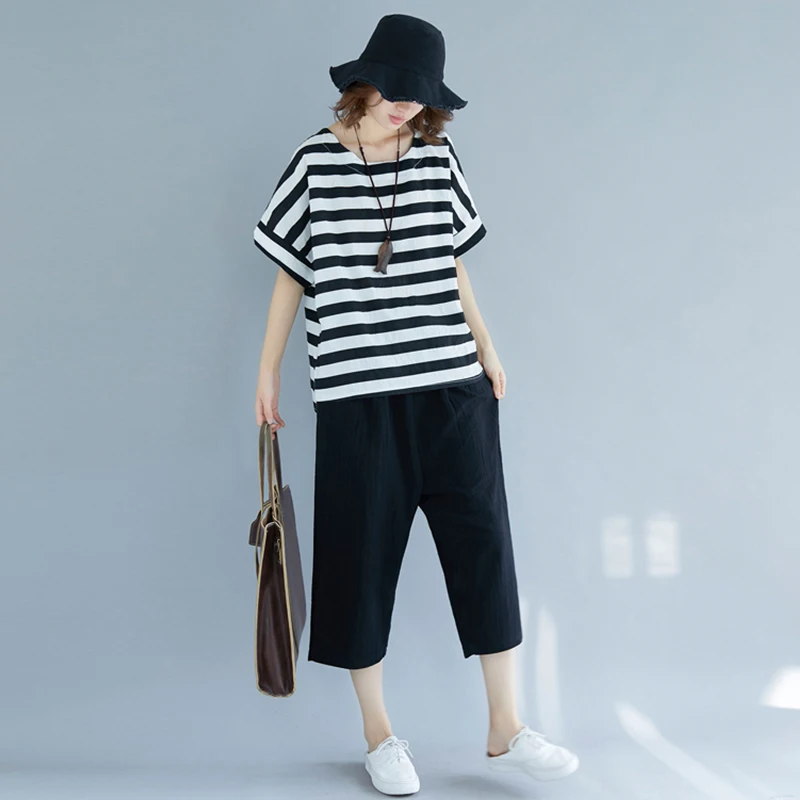 ファッショナブルなルーズコットンリネンバットウィングスリーブラウンドネックストライプTシャツとワイドレッグパンツのツーピースセットレディース服