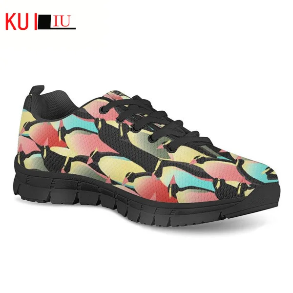 KUILIU Shoes Women Breathable Sneakers Cartoon Penguin Print Casual Sketch Animals Lightweight Flat Lace Up Footwear