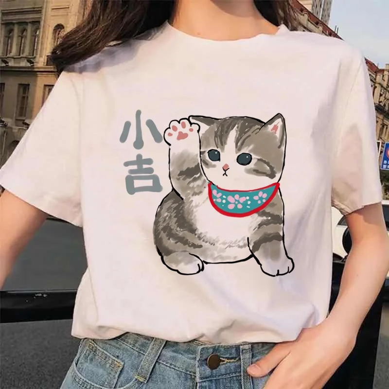 Sommer kawaii Cartoon Katzen gedruckt Frauen T-Shirts Harajuku Mode Freizeit Rundhals ausschnitt vielseitige wilde Kurzarm Top Unisex