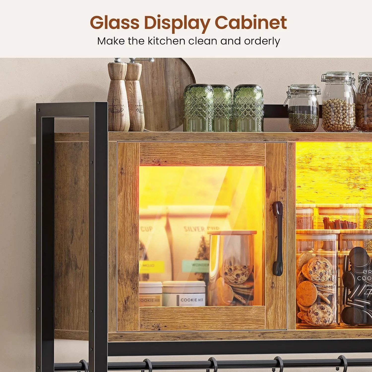 Rack with Power Outlet and LED Light, 47.2'' Microwave Stand with Storage, Kitchen Coffee Bar Cabinet with Glass Door, 4 Drawer, Wine Rack, Goblet Holder and 12 Hooks, Rustic Brown view 4