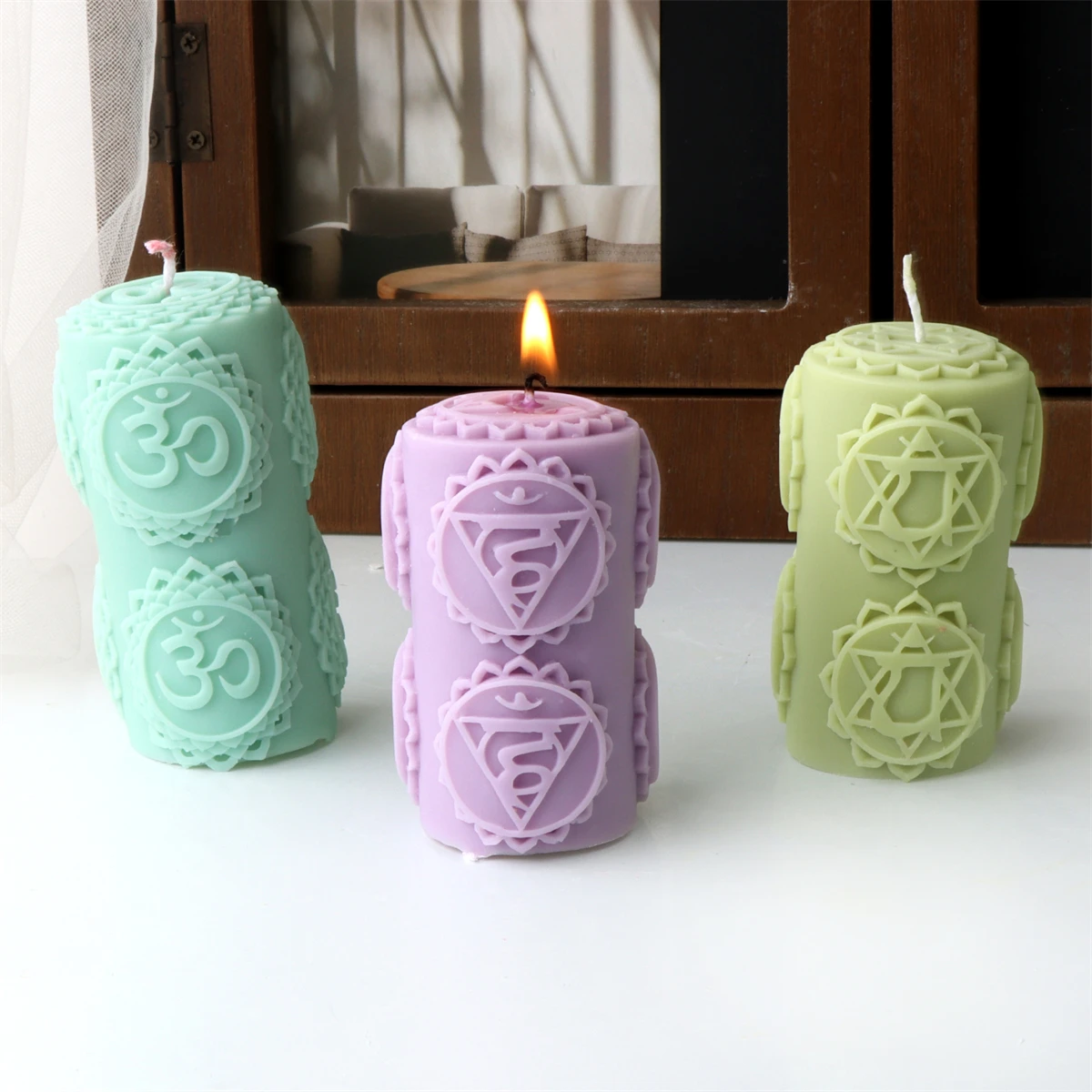 Chakras Pillar Silicone Candle Mold DIY Cylinder Chakras Spiritual Candle Mold Handmade Geometry Pillar Soap Plaster Making Mold