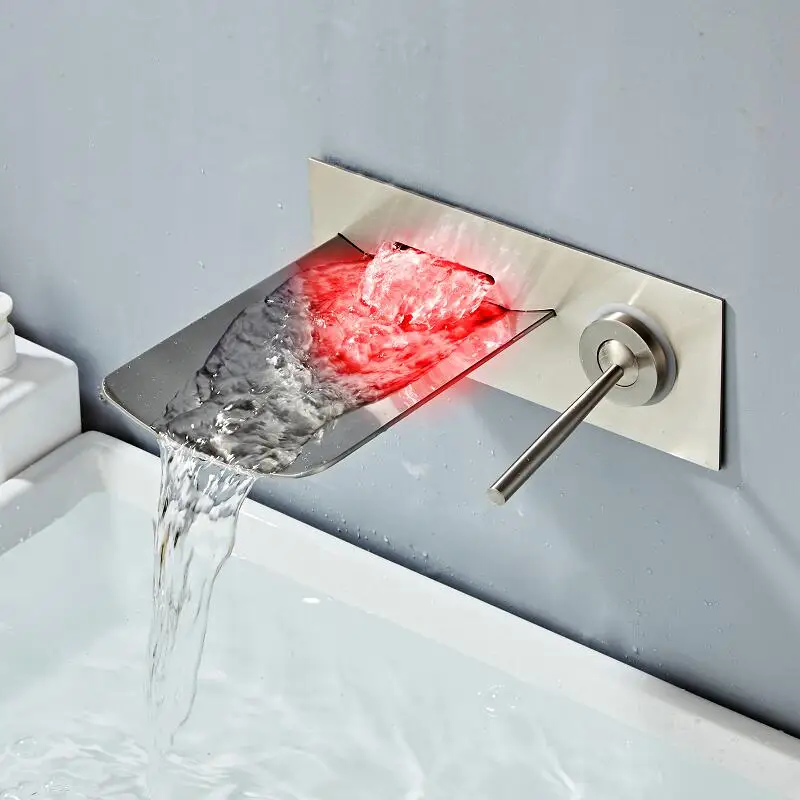 

LED Waterfall Bathroom Sink Faucet Wall Mounted Nickel Mixer Bath Tap Temperature Control LED Faucet Chrome Black Finished