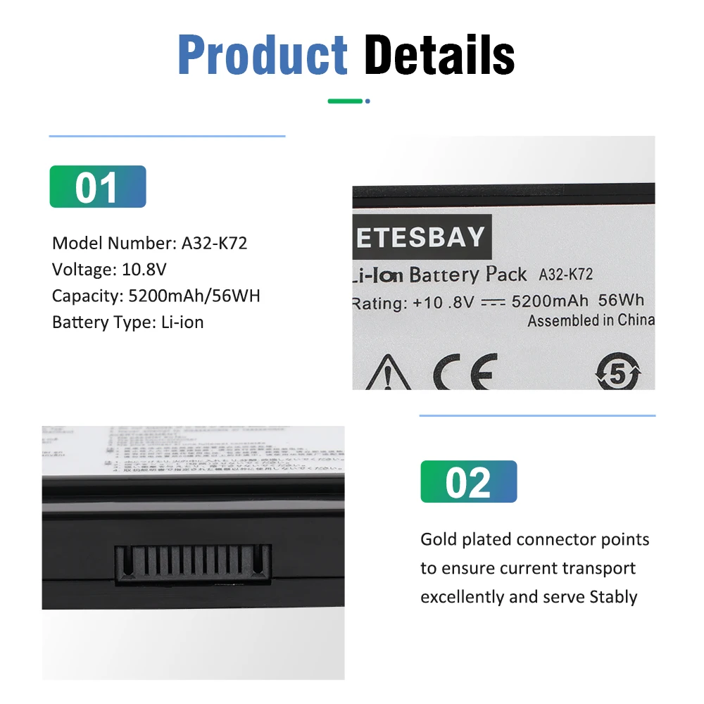 ETESBAY A32-K72 5200mAh Laptop Battery For ASUS K72Y K73 K73B K73BR K73BY K73E K73J K73JK K73S K73SD K73SJ K73SM K73SV K73T