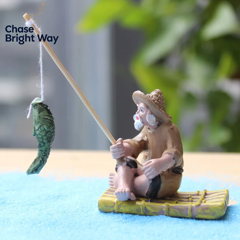 Fishing Old Man Resin Figure Statue Garden Ornament Micro-Landscape Garden Craft