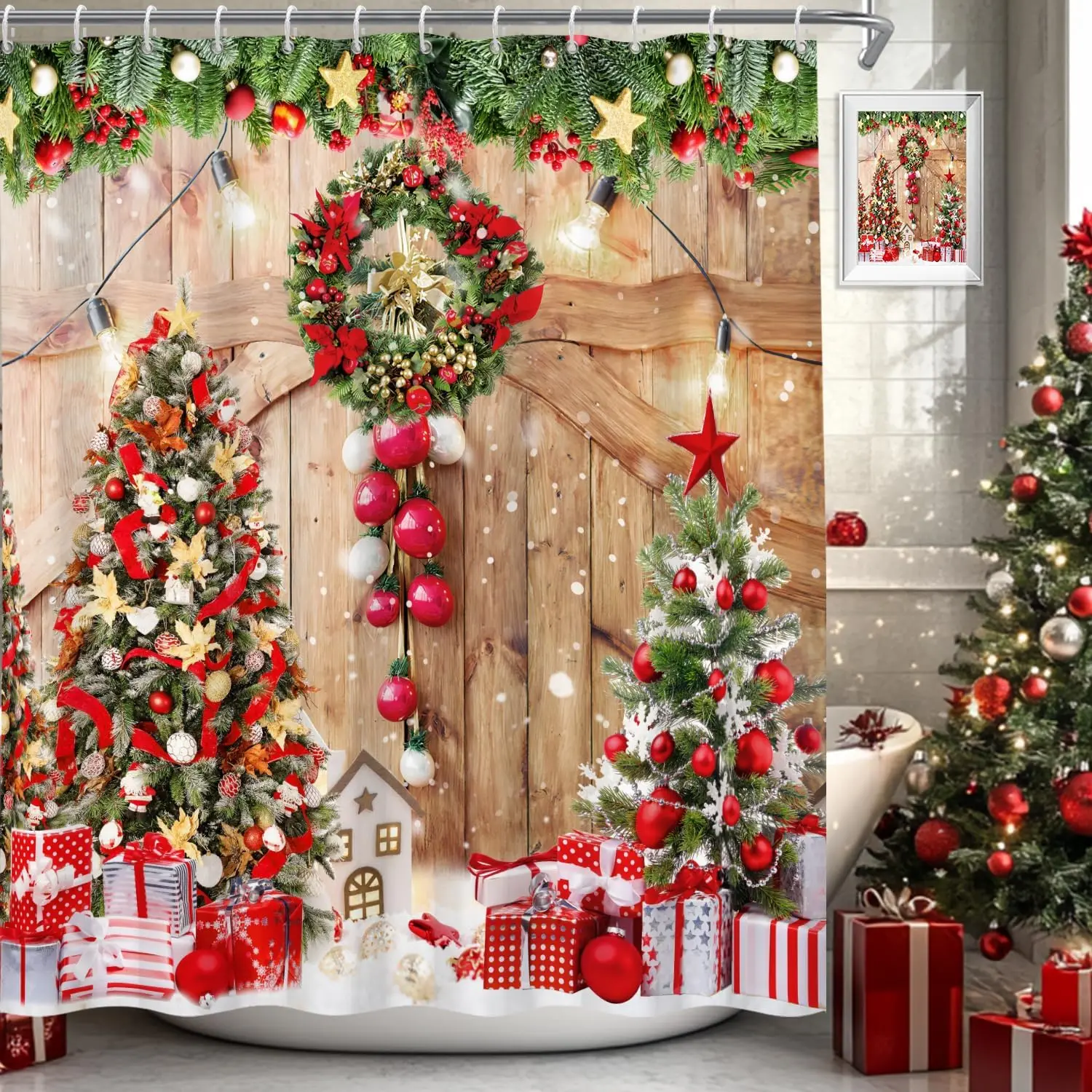 Christmas Shower Curtain Winter Christmas Tree Shower Curtains Sets for Bathroom Holiday Xmas Snowflake Farmhouse Wood Barn Door Bathroom Decor 72x72 in with 12 Hooks