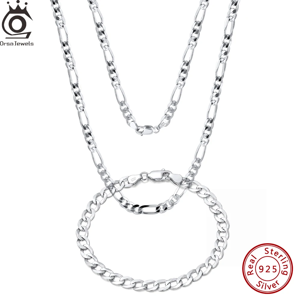 ORSA JEWELS włoski 3.3mm 5mm Figaro łańcuszek naszyjnik bransoletka proste DIY Soild 925 srebro Figaro Link Chain Party SC34