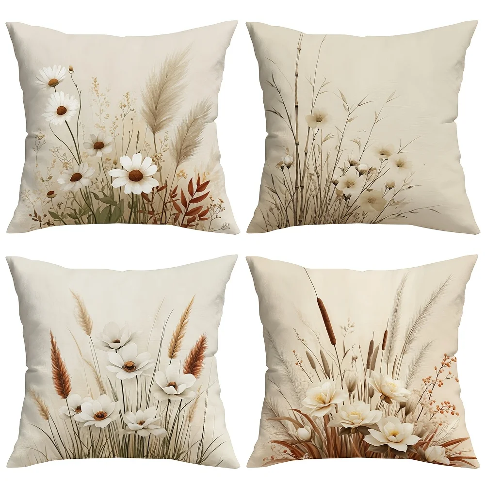 1PC 2D Flat Boho Wildflower Farmhouse Throw Pillow Covers Neutral Tone Botanical Cushion Cases for Home Decor