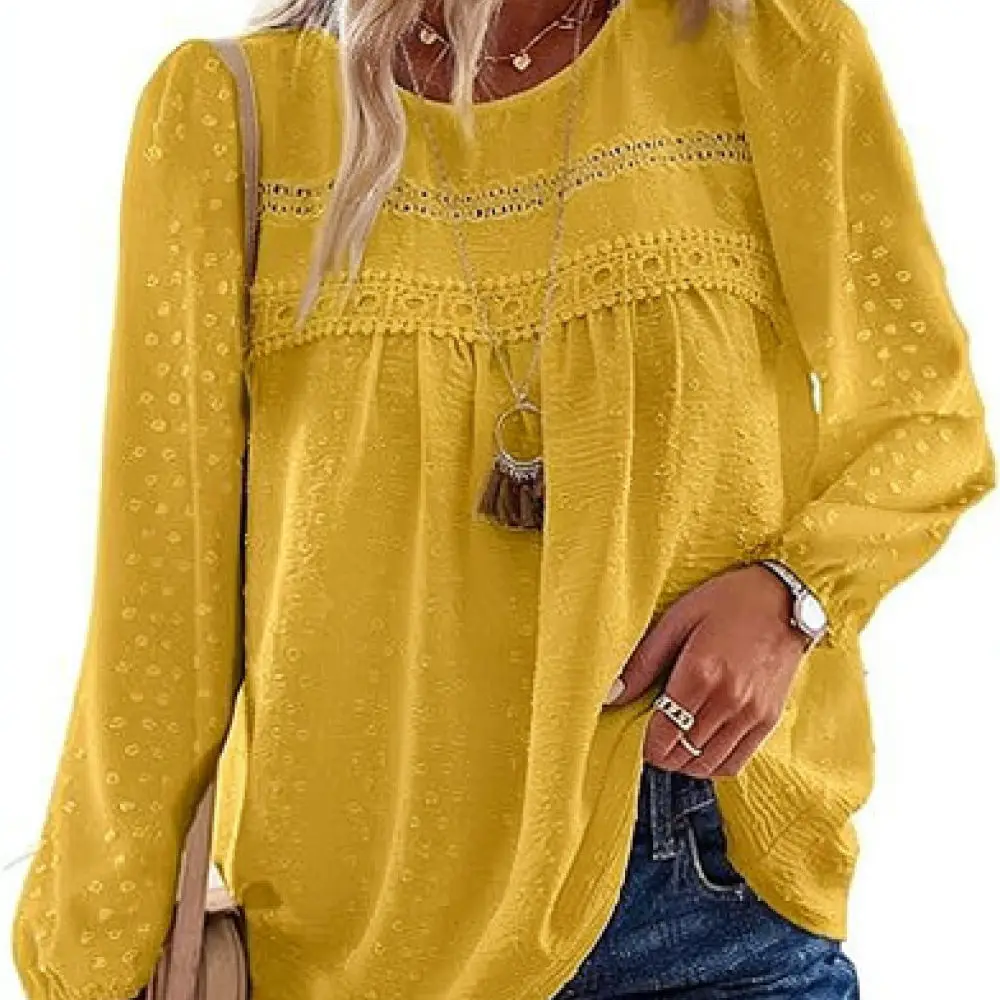 Ladies Casual Lace Patchwork Shirt Round Neck Long Sleeve Loose Fit Pullover Fashion Spring Elegant Tops