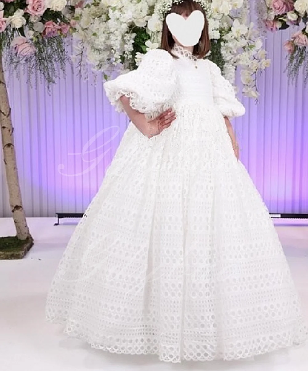 Flower Girl Dress for Wedding Balloon Sleeve High Neck Hollow Out Lace Kids Birthday Party First Communion Ball Gown Customized