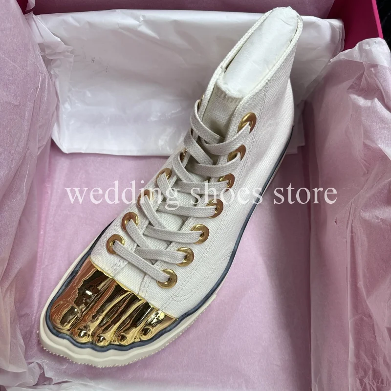 Gold Five-toed White Casual Canvas Shoes for Women Lace-Up High top Shoes Breathable New Style 2024 Flat Lovers Shoes