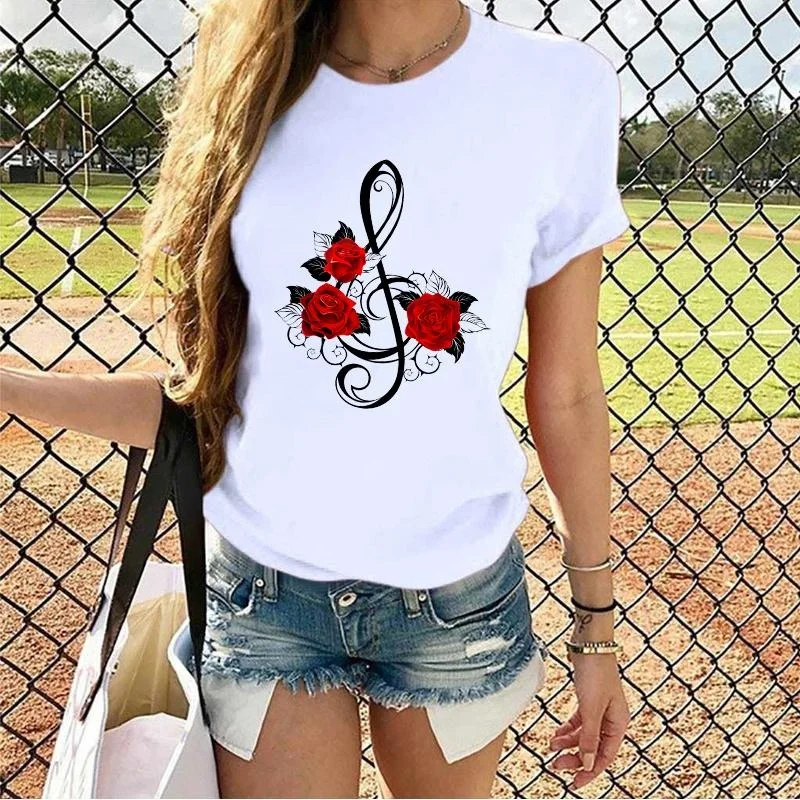 Gothic Rose Note Pattern Printed T-Shirt Women's Street Cool T-Shirt Rose T-Shirt