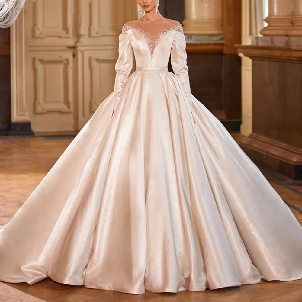 Customize Ball Gown Wedding Dress White Satin V-Neck Long Sleeves Bridal Gown Crystal Beaded Court Train Bride Dresses