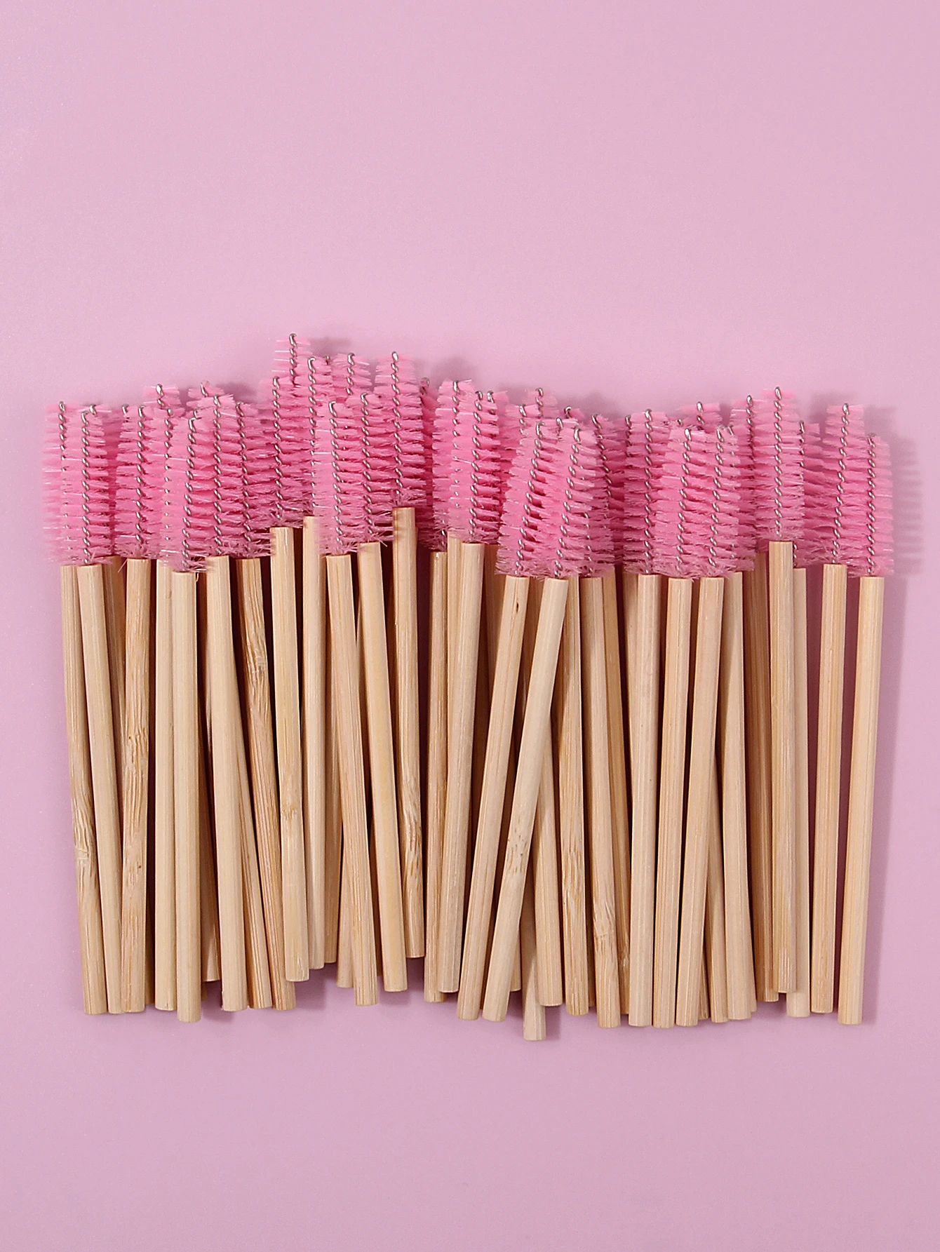 50PCS pink bamboo-handled mascara brush, mini eyebrow brush, spiral eyelash curl makeup brush, portable eye makeup tool