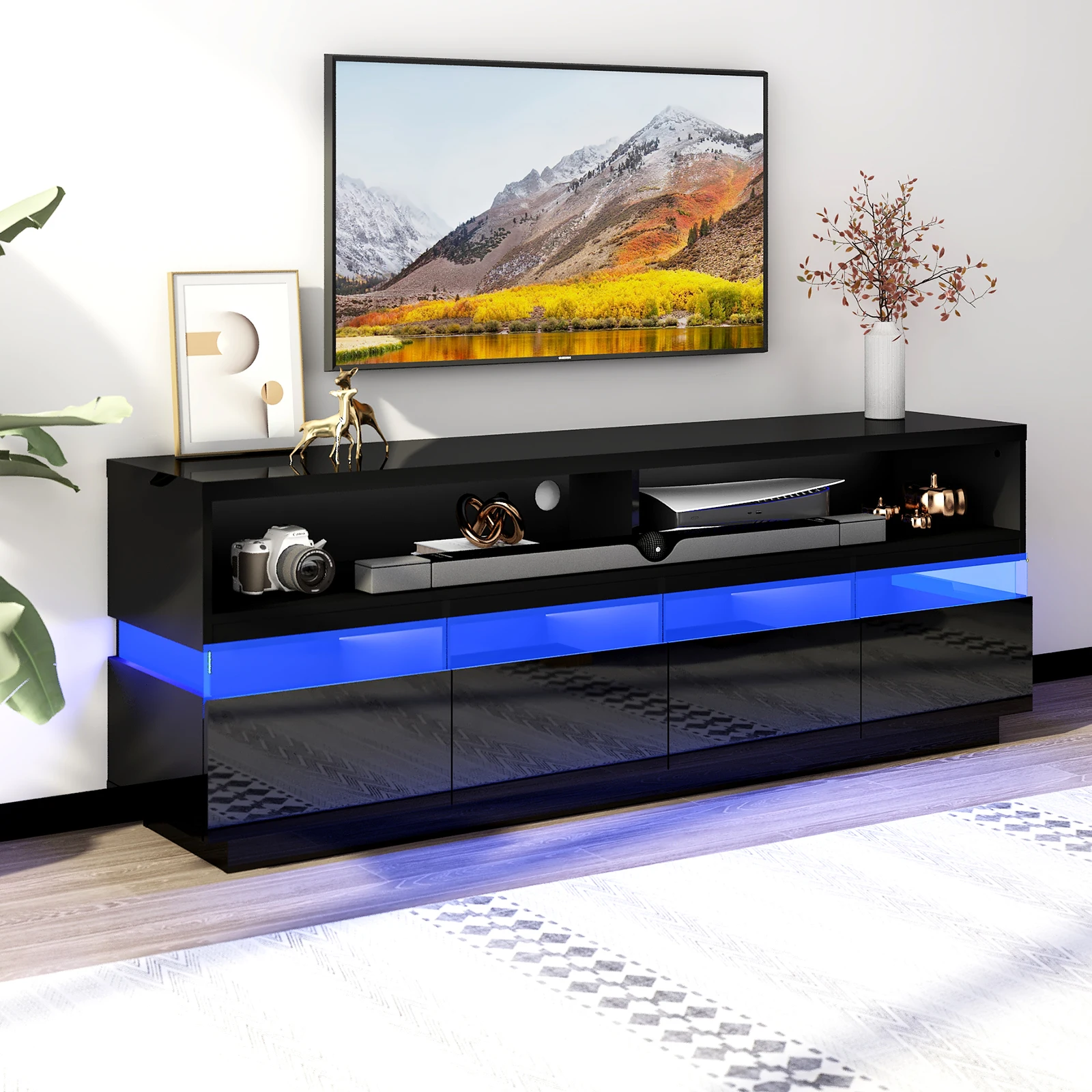 66 inch LED TV Stand for 60/65/70 Inch TV, High Gloss Modern TV Stand with Large Storage, Media Entertainment Center TV Cabinet