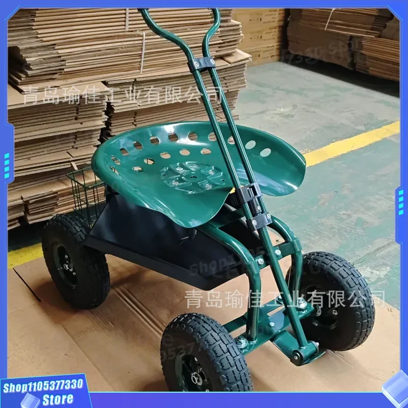 Heavy Duty Iron Garden Cart with 360 Degree Rotating Seat Adjustable Four Wheel Gardening Trolley Rear Frame for Outdoor Work
