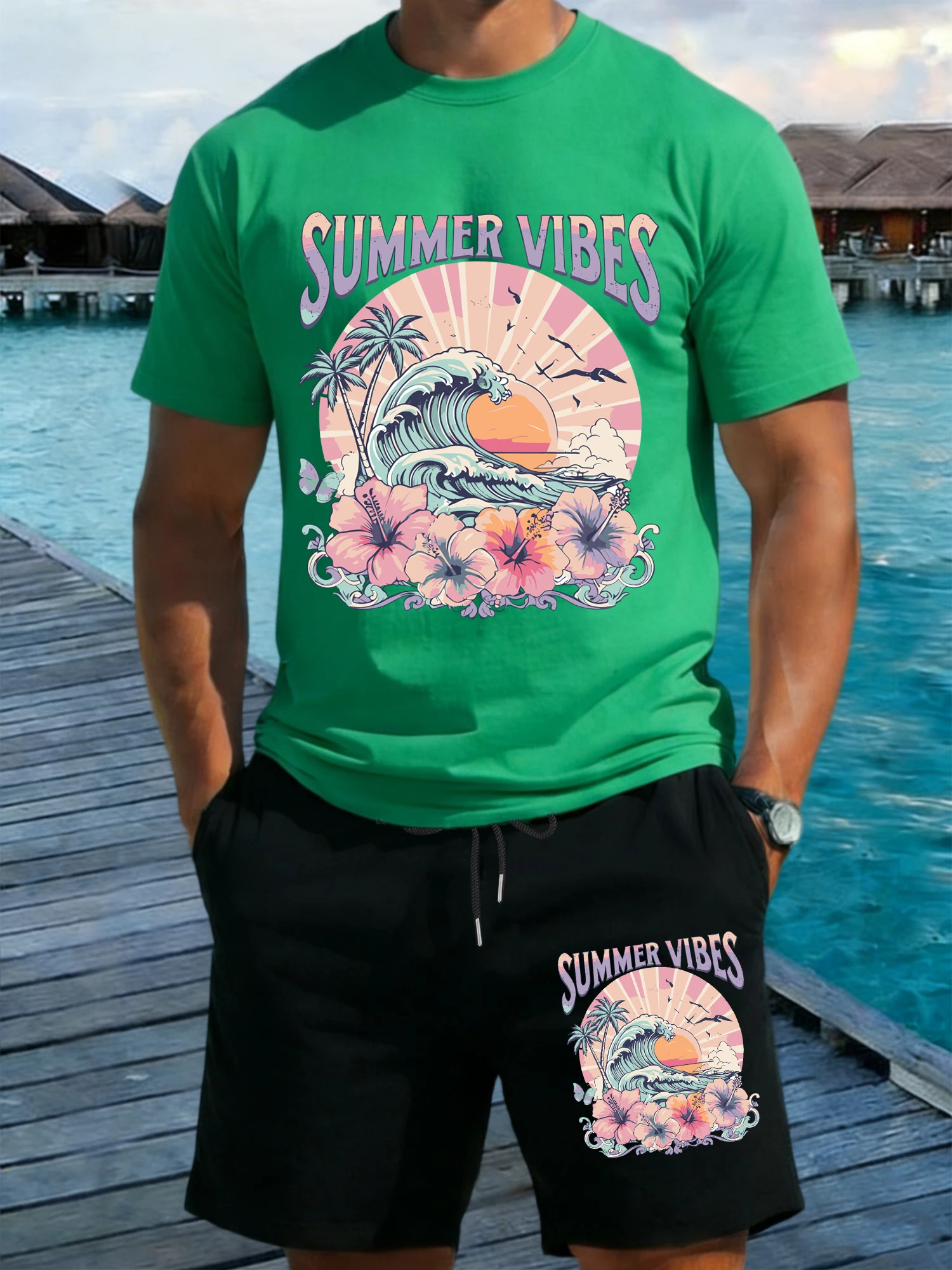 

Summer Vibes Flowers Print Men T Shirts Set Casual Cotton T-Shirt Drawstring Loose Pocket Black Pant Wide-Leg Short Pants