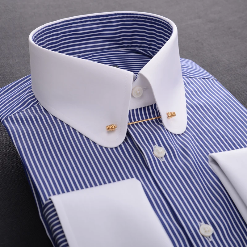 Camisa de hombre con puños franceses y cuello imperio con cuello estenopeico, camisa personalizada a rayas de algodón 100% de negocios para hombre