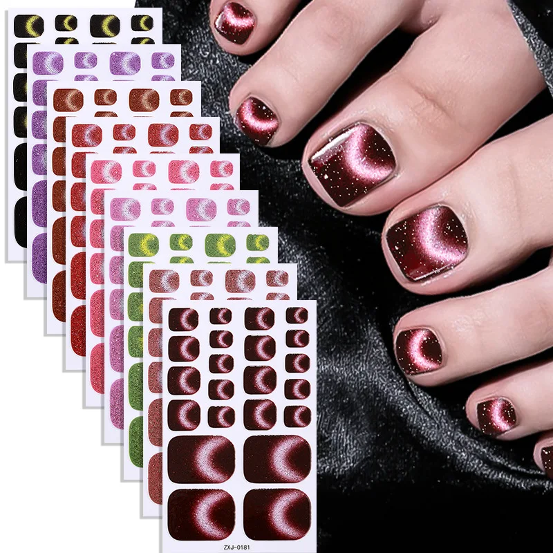22 Tips Glanzende Voet Nagelstickers Volledige Dekking Kat Magneet Effect Gel Nail Wraps Glitter Zelfklevende Langdurige Gel Pedicure tool