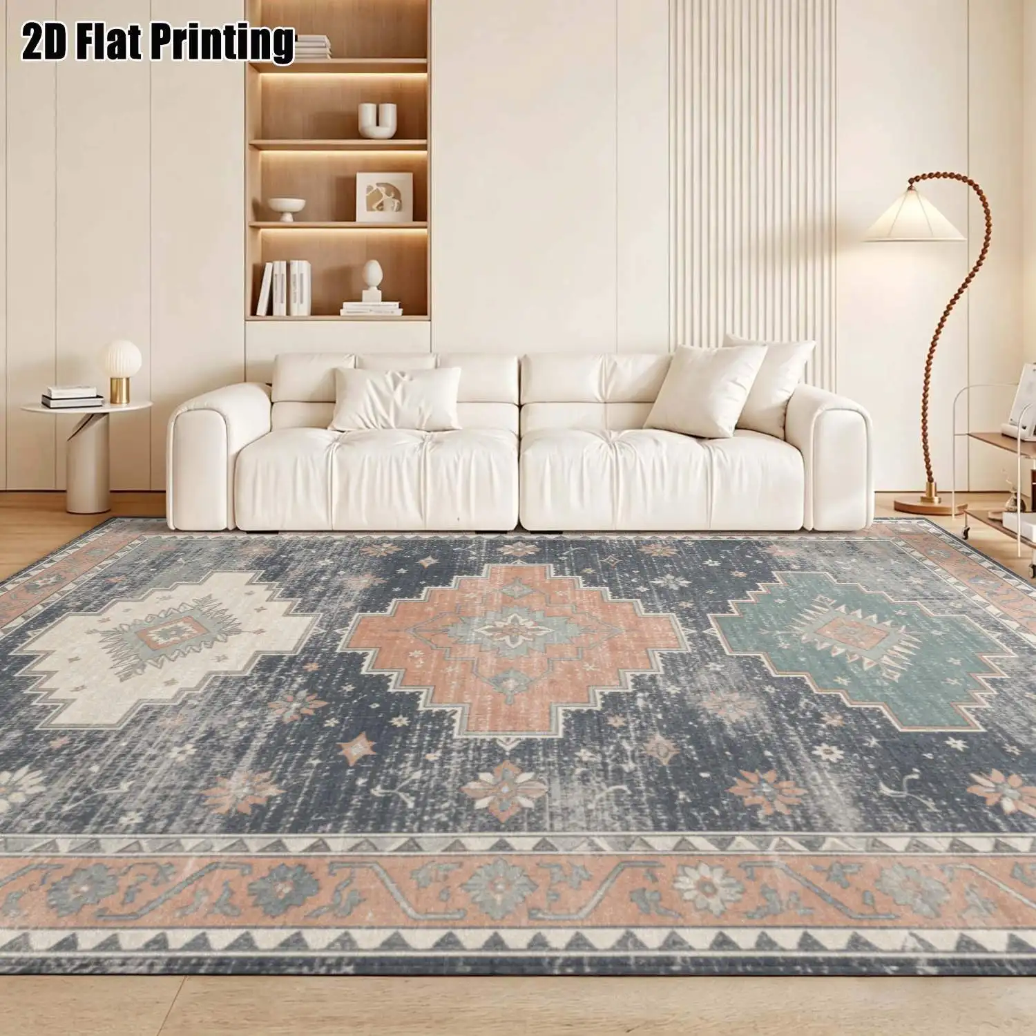 1Pc 2D Printed Vintage/European/Bohemian Style Blue-Grey Geometric Diamond Striped Carpet, Machine Washable, Multi-Size, Suitable for Home Decor Such as Living Room, Bedroom, Dining Room, Entrance, Study