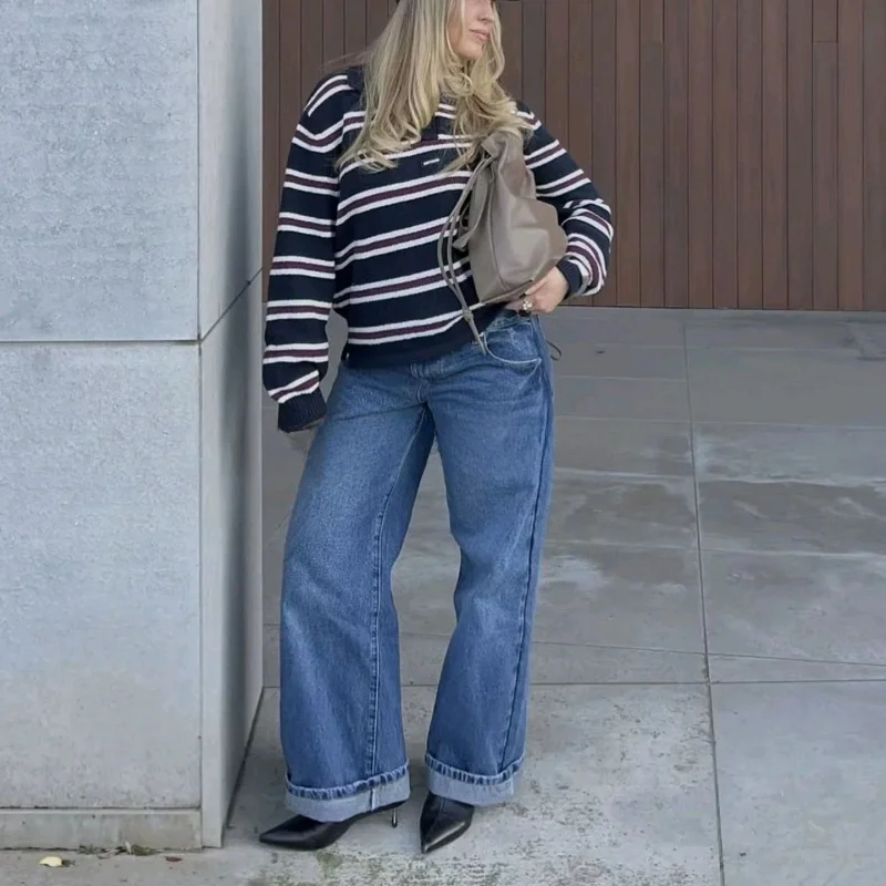 Fall New Arrival Women's Retro College Sle  Ne Striped Knit Sweater Long Sve Polyester Fiber Hooded Casual Top