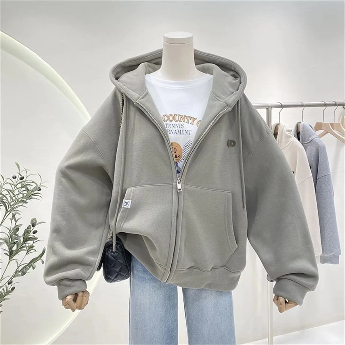 Simple Versatile Loose Plush Thickened Hooded Sweatshirt for Women Autumn Winter Casual Oversize Zipper Cardigan Jacket