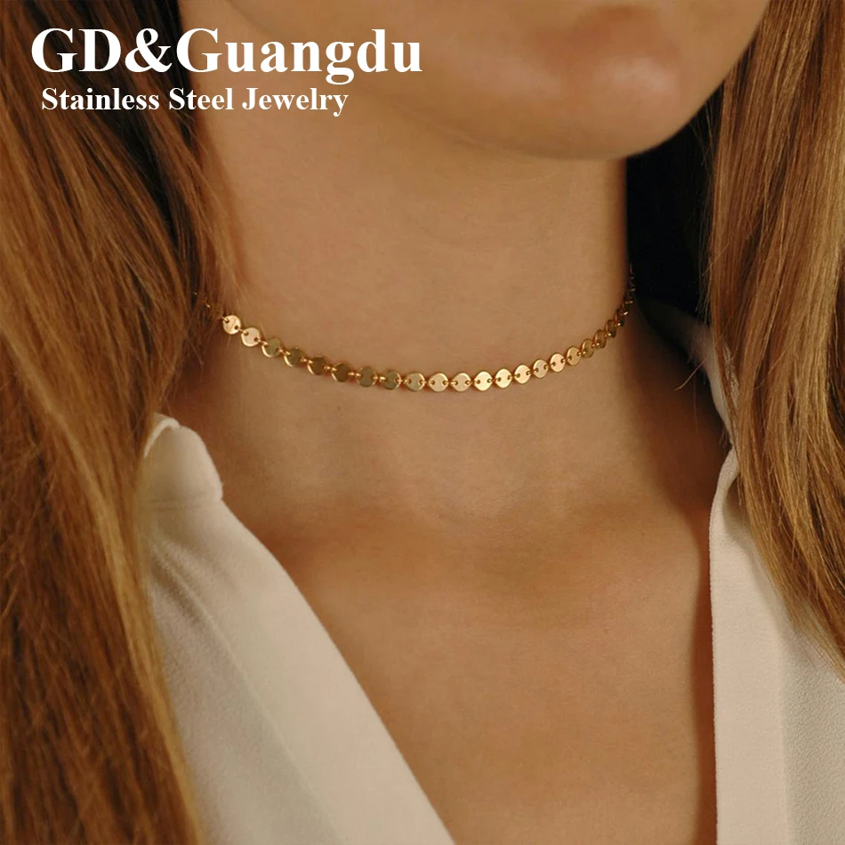 Stainless Steel Necklace Gold Plated Round Flat Disc Coin Chain Choker Elegant Gift for Ladies to Wear With Everything Jewelry