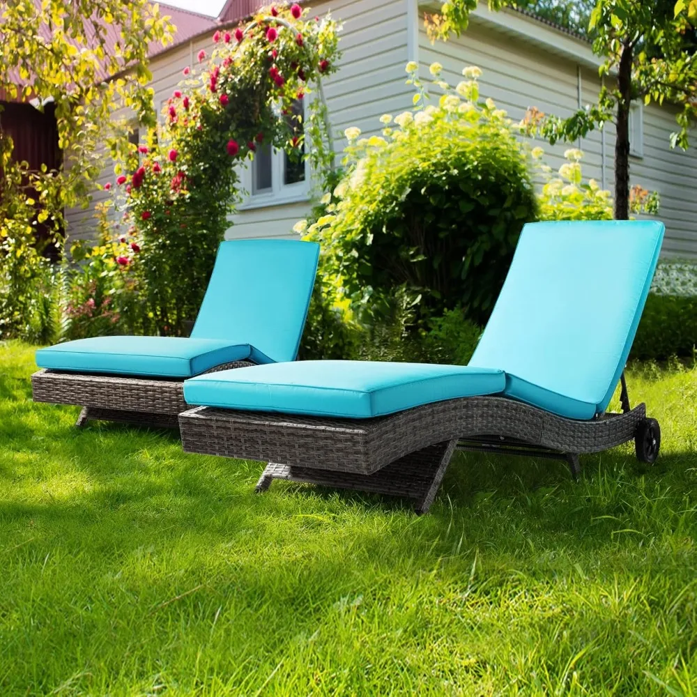 

Wicker Chaise Lounge Chair Set of 2 Outdoor Rattan Sunbathing Lounge Chair for Outside Reclining Chair with Cushion Blue