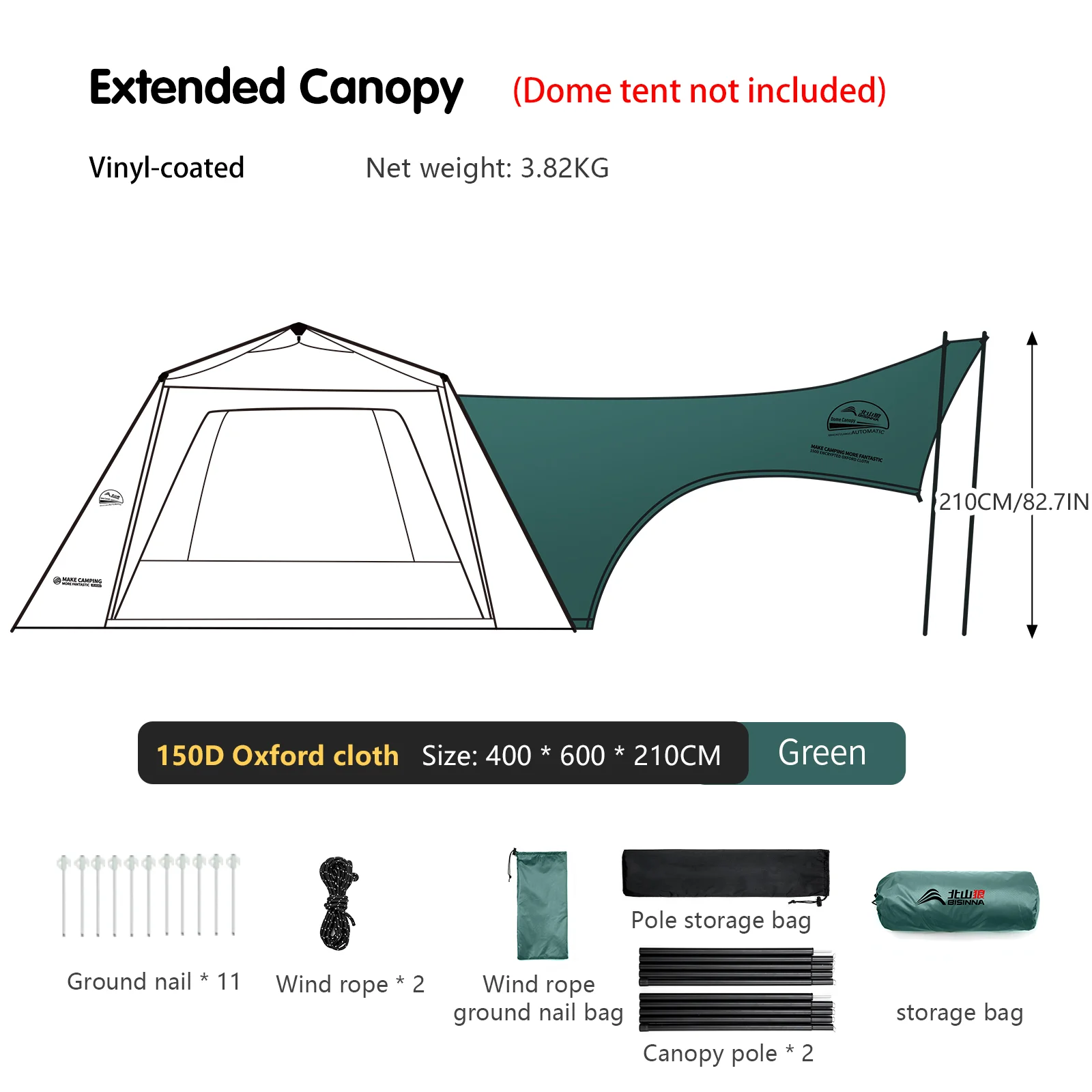 BISINNA 6-8 personen One-touch Dome Tent Vinyl gecoate luifel Waterdicht zonnescherm voor familie kamperen reizen buitenshuis