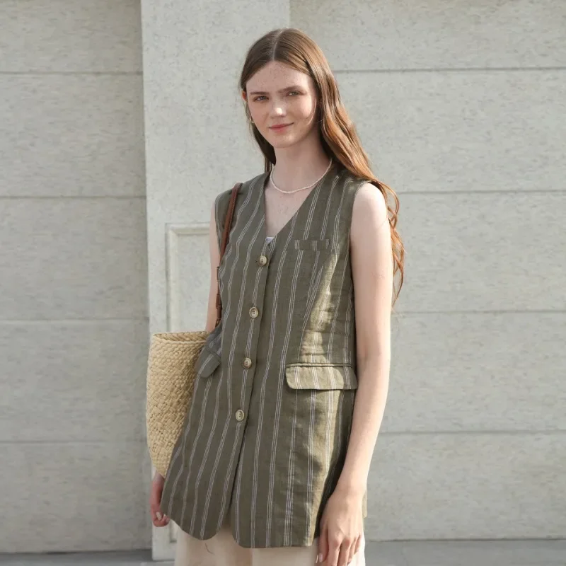

Retro Casual Striped Vest Summer 100% Linen Women'S Sleeveless V-Neck Single Breasted Split Streetwear Tops Waistcoat Mujer