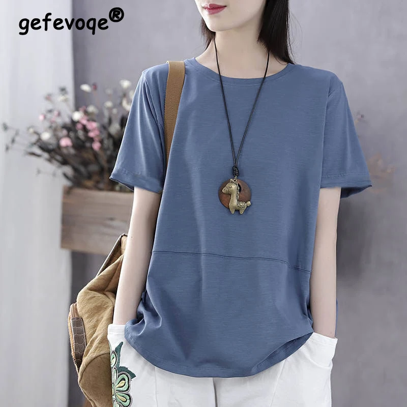 

Summer New Literary Vintage Loose Casual T-shirt Female Solid Color All-match Tee Women Short Sleeve Comfortable Pullover Tops