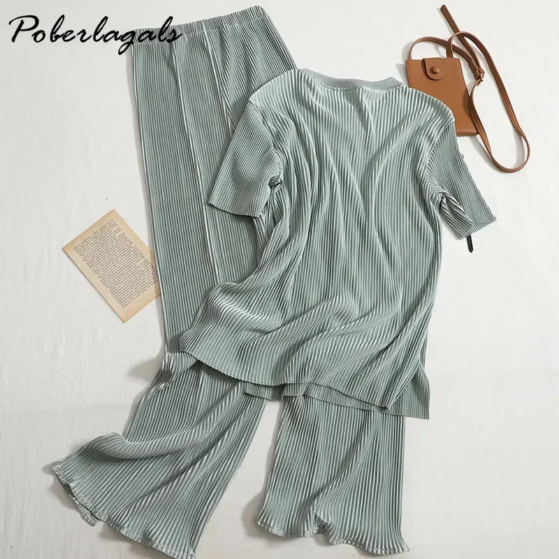 Two-piece Set Casual Pants Suit Female 2022 Summer New Temperament O Neck T-shirt  + High Waist Slit Wide Leg Pants Womens