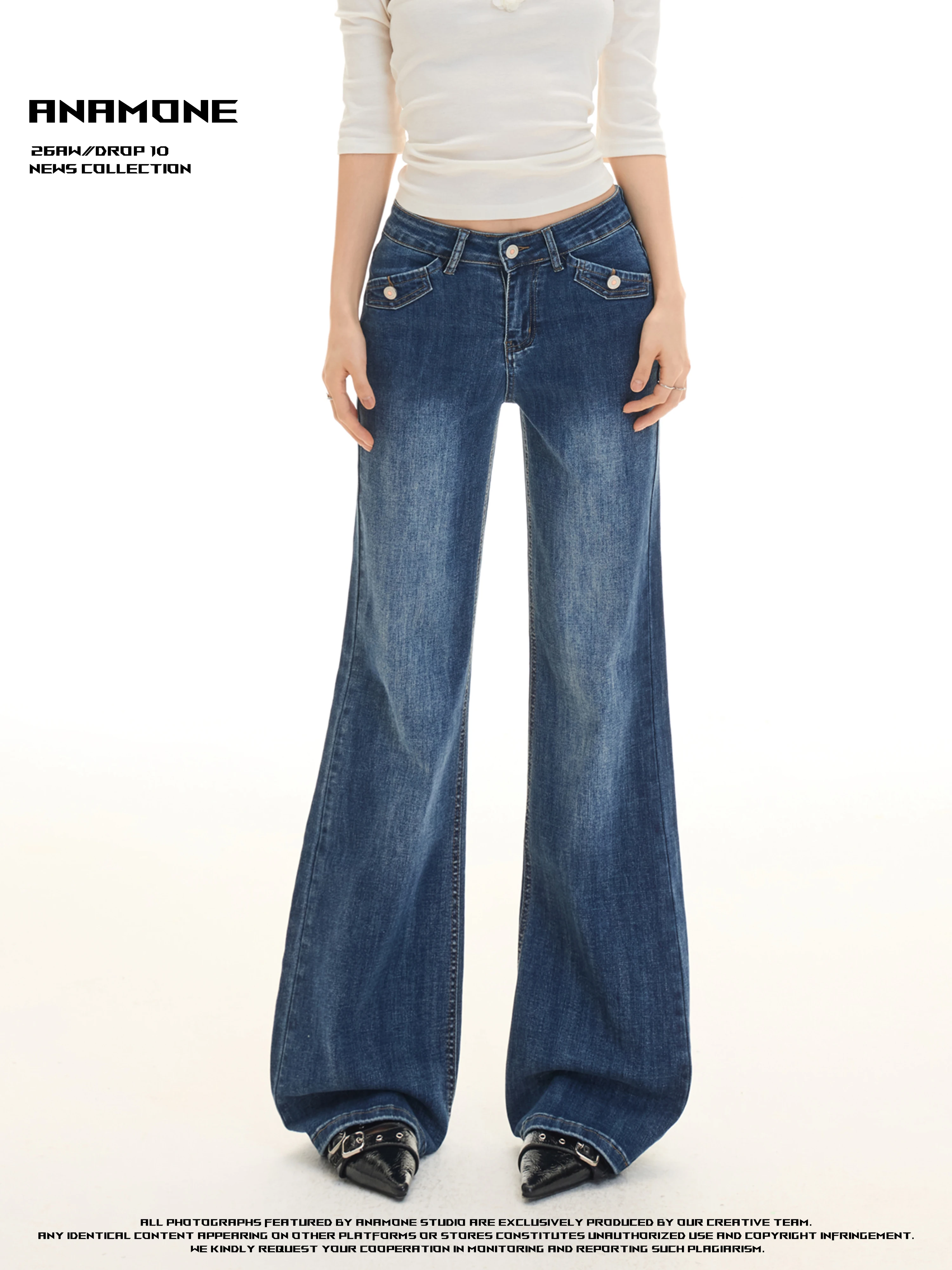 ANAMONE American Retro Flared Straight Leg Denim Jeans Women's Autumn Flip Cover Pocket Not Tight Three Inch Cheeky Pants