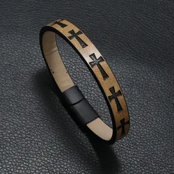 New Retro Printed Cross Leather Bracelets Bangles Magnet Buckle Bracelet Men Simple Jewelry Wholesale Pulseras