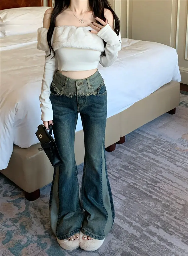 High-Waisted Retro Spliced ​​High-Sided Jeans Women Summer Slimming New Color-Blocking Casual Flared Trousers