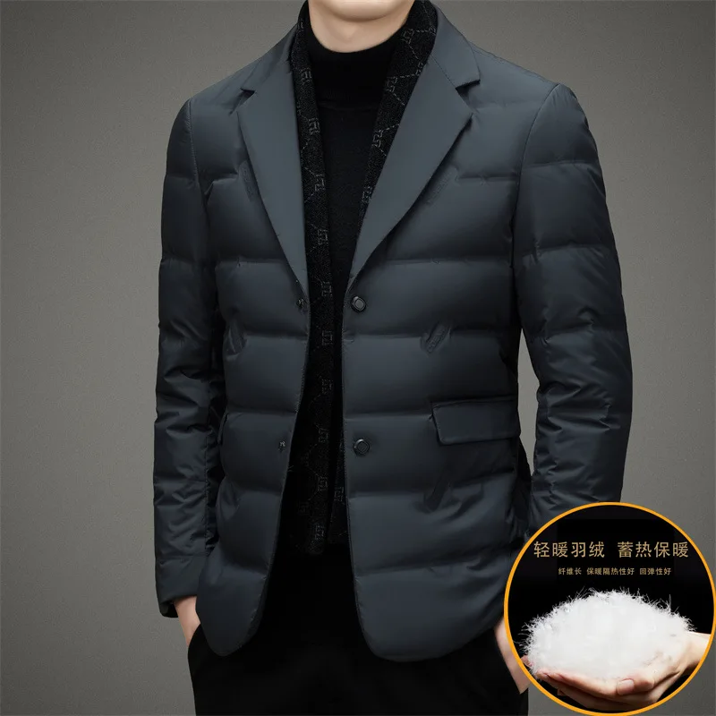 Winter new men's suit collar down jacket light luxury fashion thermal belt scarf casual down suit jacket men