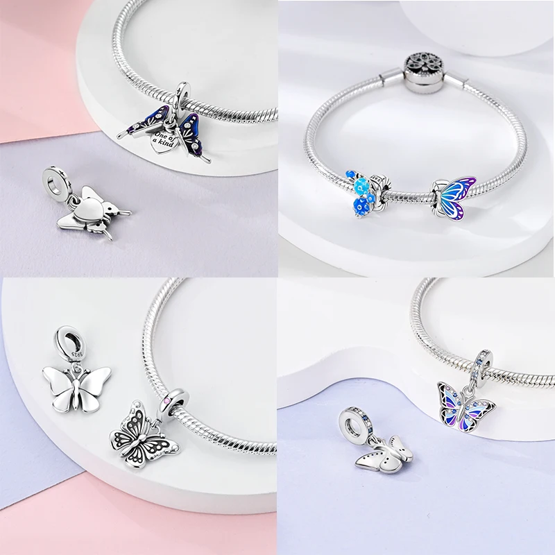 Elegante S925 plata mariposa y libélula Multicolor dijes cuentas colgante DIY joyería fina accesorios regalos