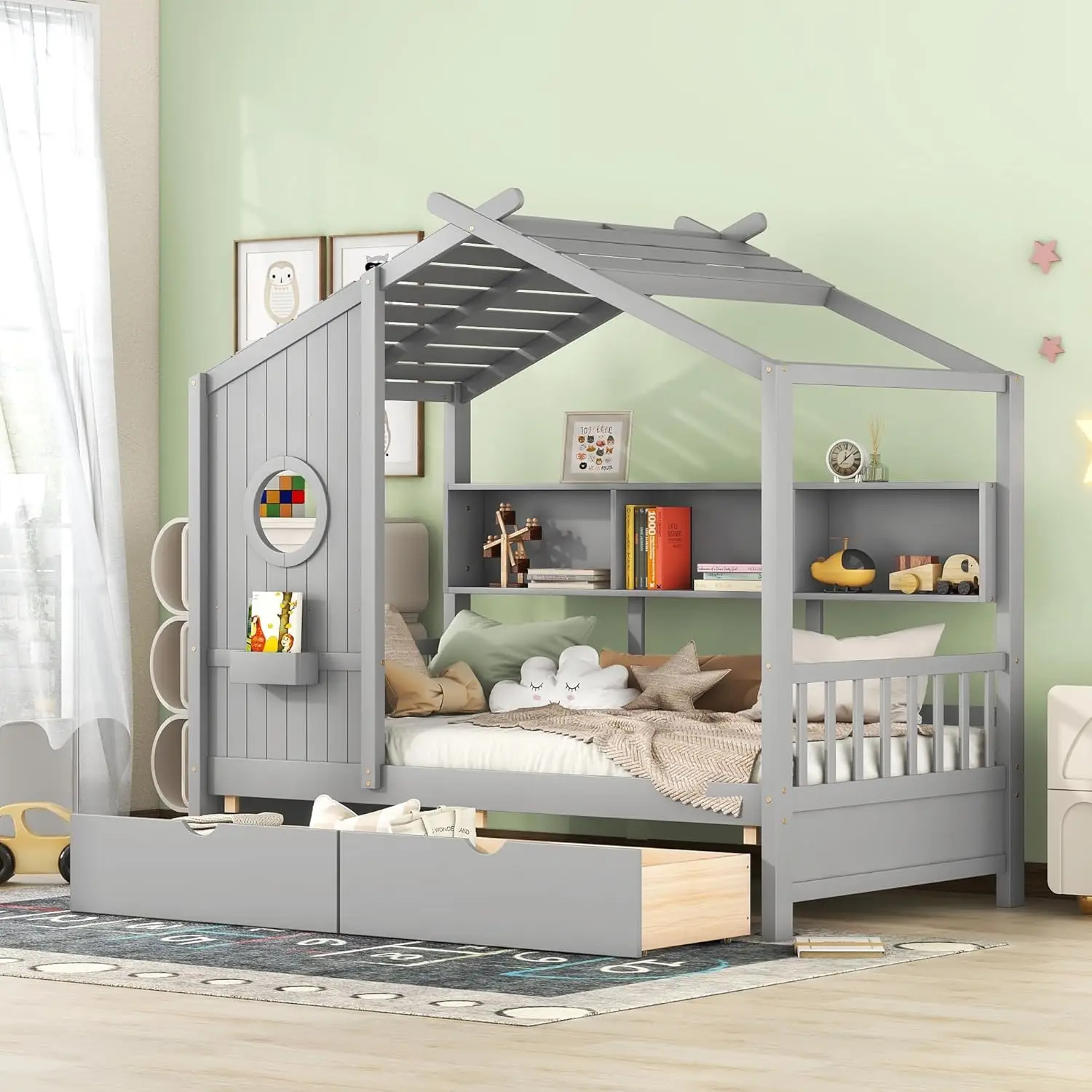 Twin Bed Frames For Kids, House Bed With Window And Fence, Wood Platform Bed Frame With Drawers And Shelves, Playhouse Bed For