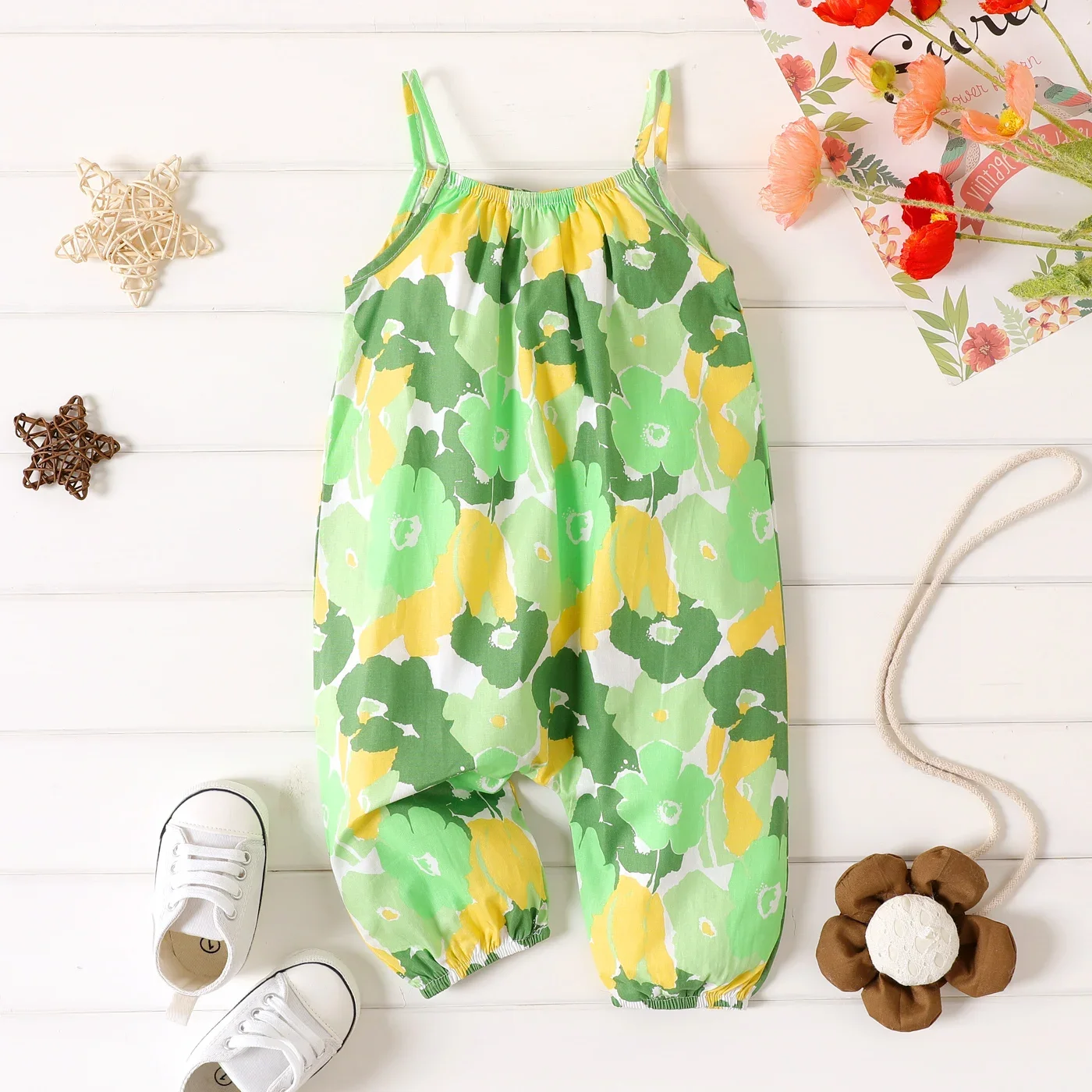 PatPat 100% Cotton Baby Girl All Over Floral Print Cami Jumpsuit Suitable for Summer Season Soft and Comfortable