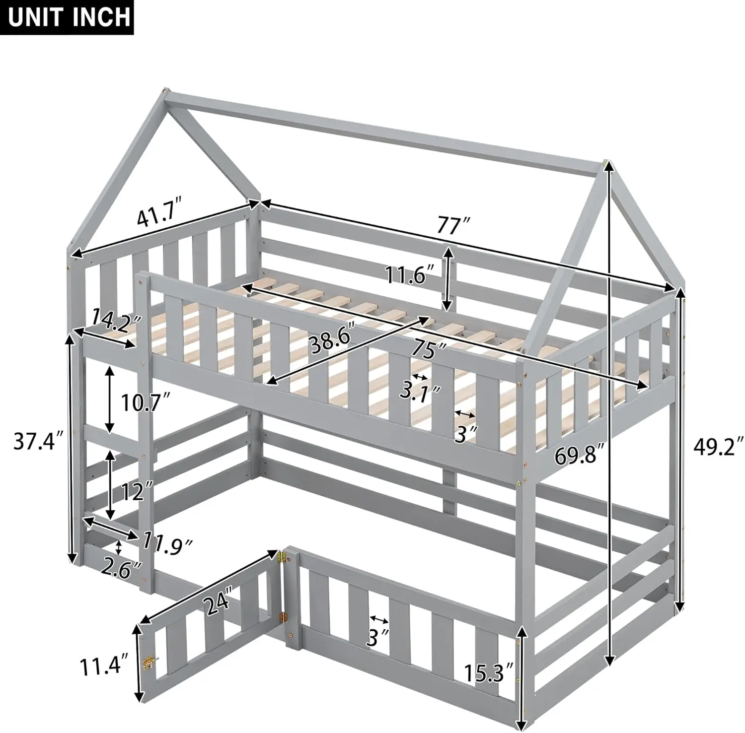 House-Shaped Design Twin Over Twin Low Bunk Bed With Fence And Openable Door, Solid Wood House Bed Bunk Bed Frame For Kids