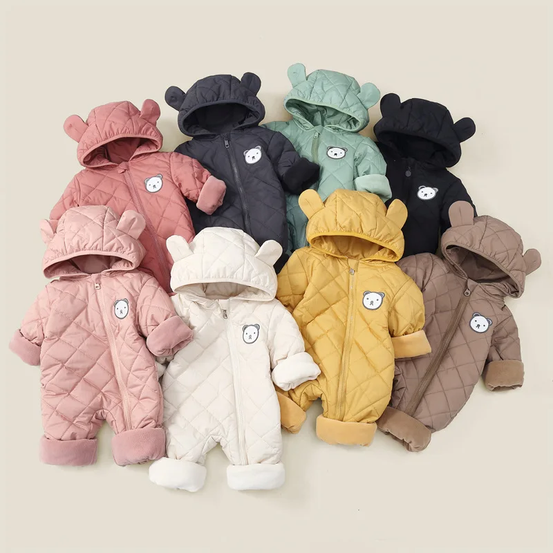 Newborn Baby Winter Cute Bear Ear Hooded Romper New 2026 Toddler Casual Cartoon Zipper Cotton-padded Warm Thick Rompers Playsuit