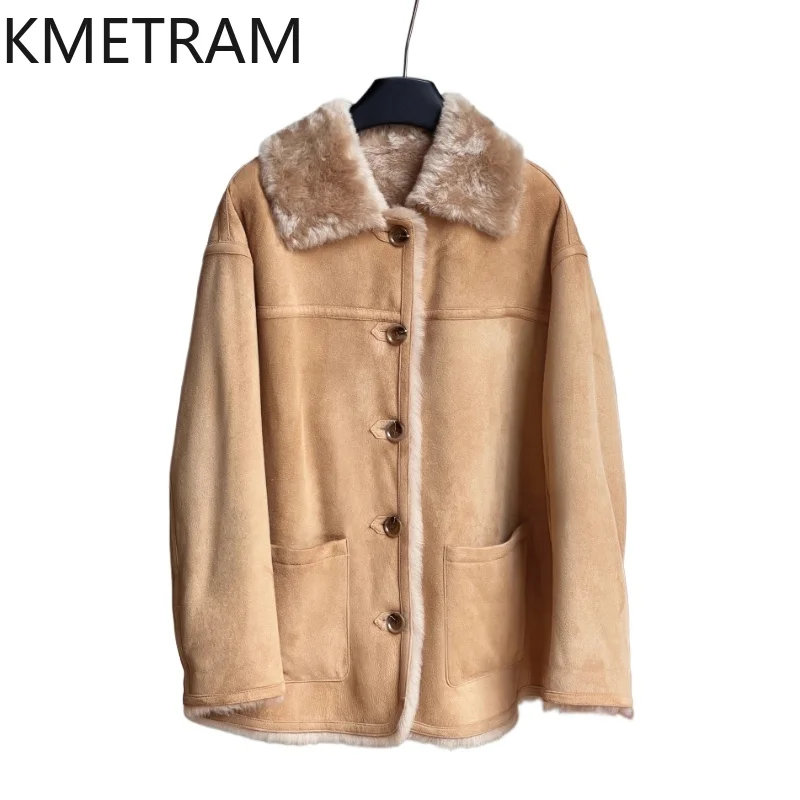 

KMETRAM Natural Sheepskin with Wool Attached Real Fur Coat Woman Luxury 2025 Light Camel Fur Jacket Winter Women Clothing шуба