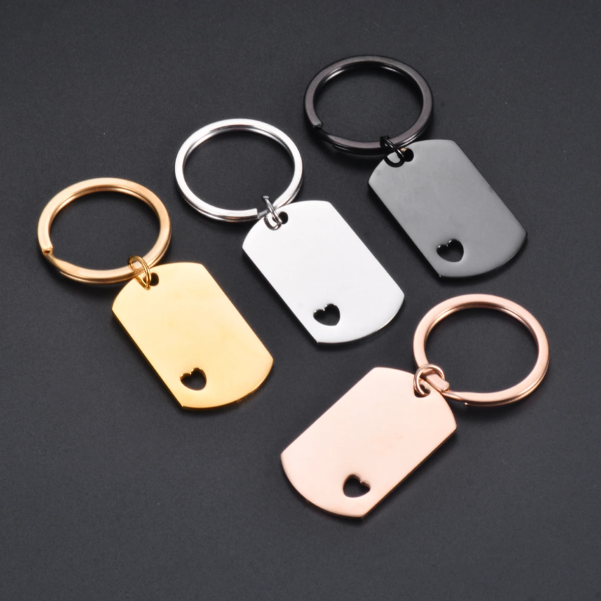 4PCS  Blank ID Tag Stainless Steel Rectangle with Heart Keychain For DIY Accessories Custom Logo Name Women Men Keychain Ring