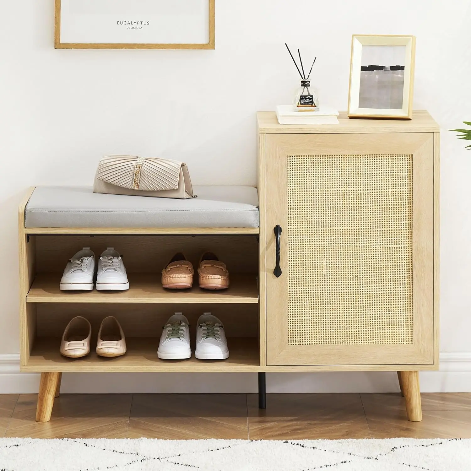 2-in-1 Shoe Storage Bench, Natural Rattan Shoe Cabinet with 3 Adjustable Shelves and Removable Seat Cushion, Entryway Bench