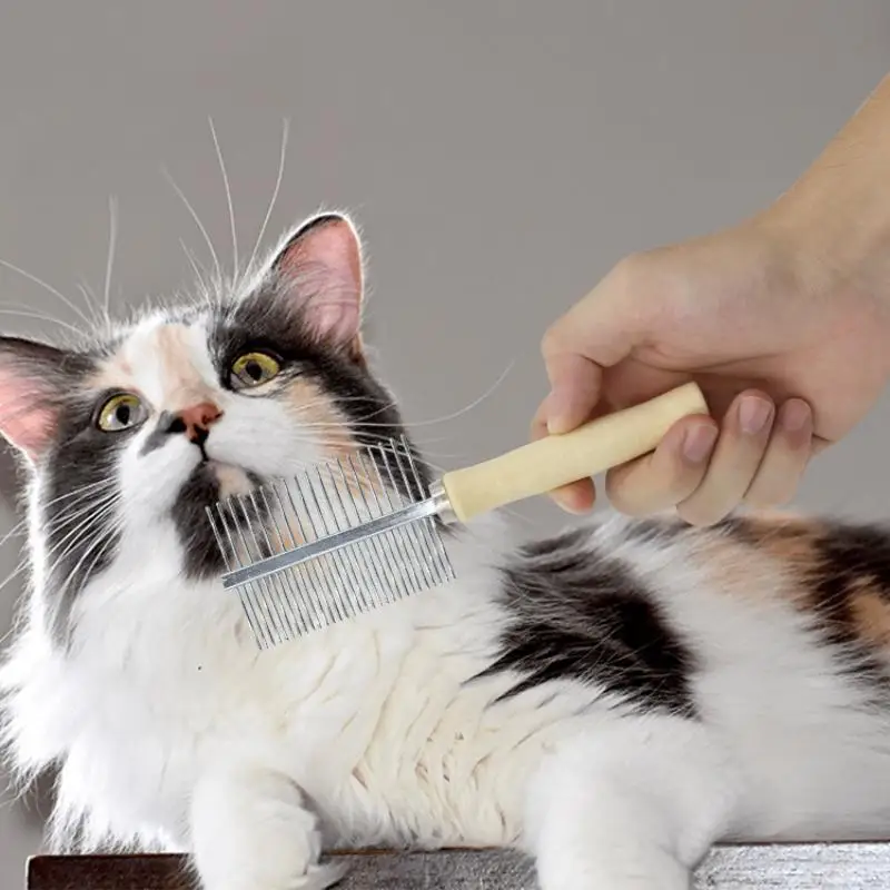 1 Stück Haustierkamm mit Holzgriff für Katzen und Hunde, Edelstahl-Haarentfernungs- und Reinigungswerkzeug, tragbares Haustier-Massagezubehör – Detail 3