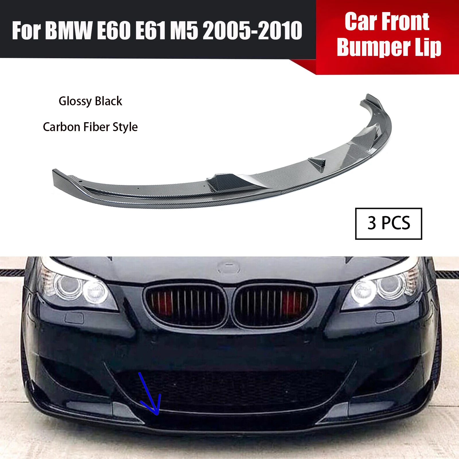 

For BMW E60 E61 M5 2005-2010 Car Front Bumper Lip Splitter Diffuser Protector Glossy Black/Carbon Fiber Style 3PCS Body Kits