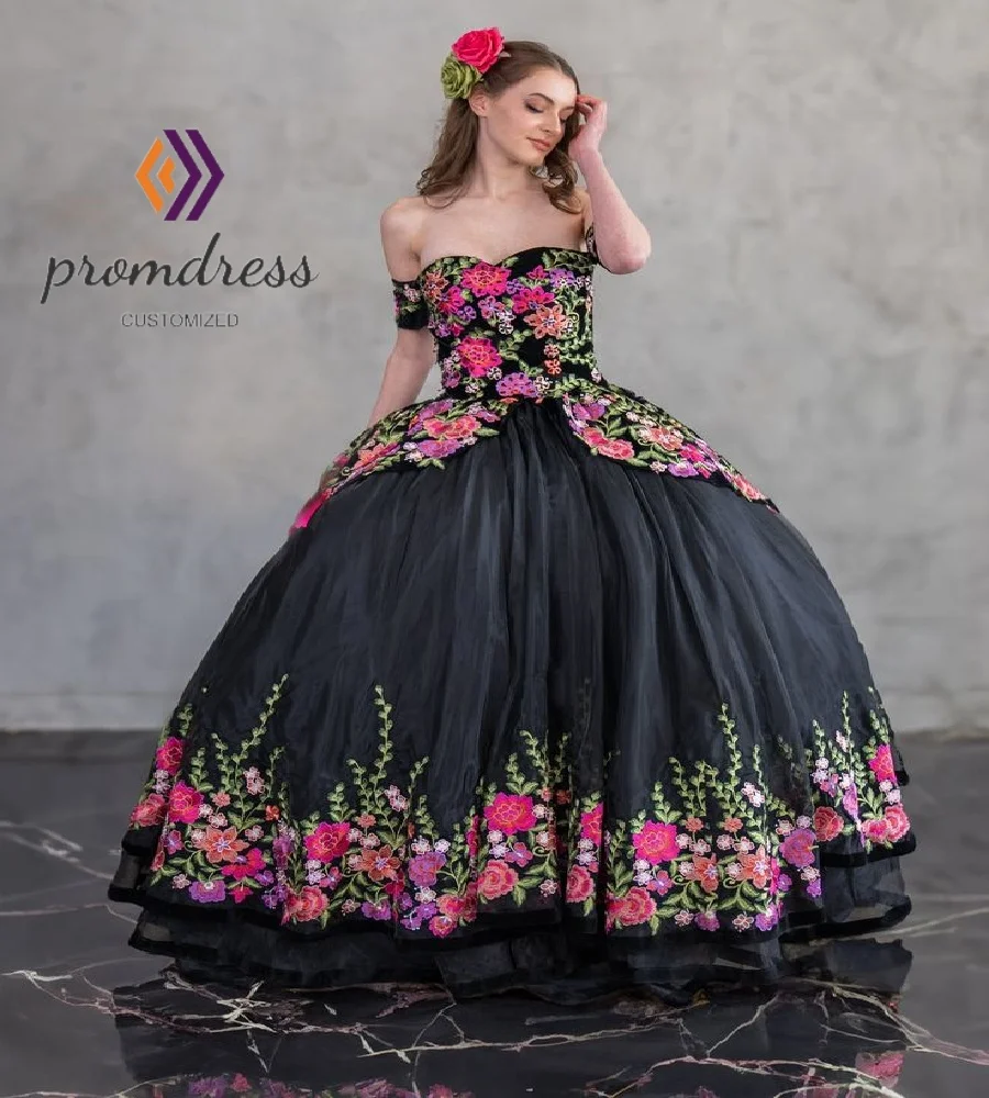   Vestidos negros folclóricos mexicanos De 15 Quinceañera 2025 flor colorida Jalisco Charro Vestidos De Xv dulce 16 vestido personalizado